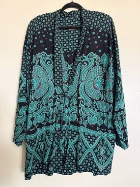 Vintage Carole Little Black & Teal Paisley Tunic/Shall Top Size XL/1X